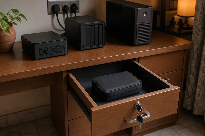 Desktop storage equipment above an open lockable drawer containing a zipped case.