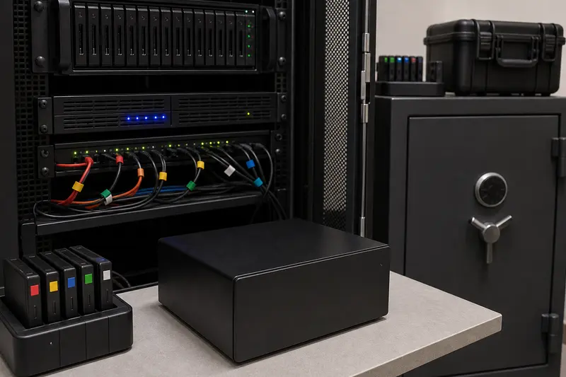 Restore-test bench with NAS, removable drives and protected media cabinet.