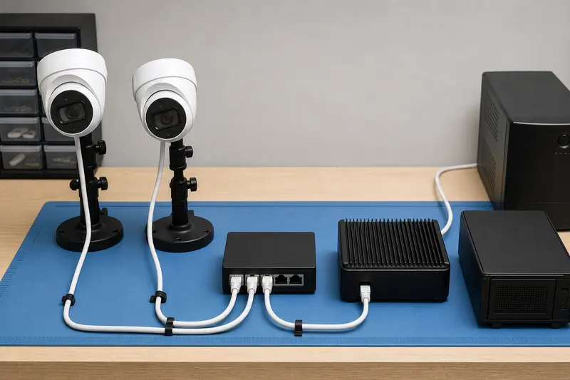 Two-camera local-NVR commissioning bench with switch, compute, storage and UPS.