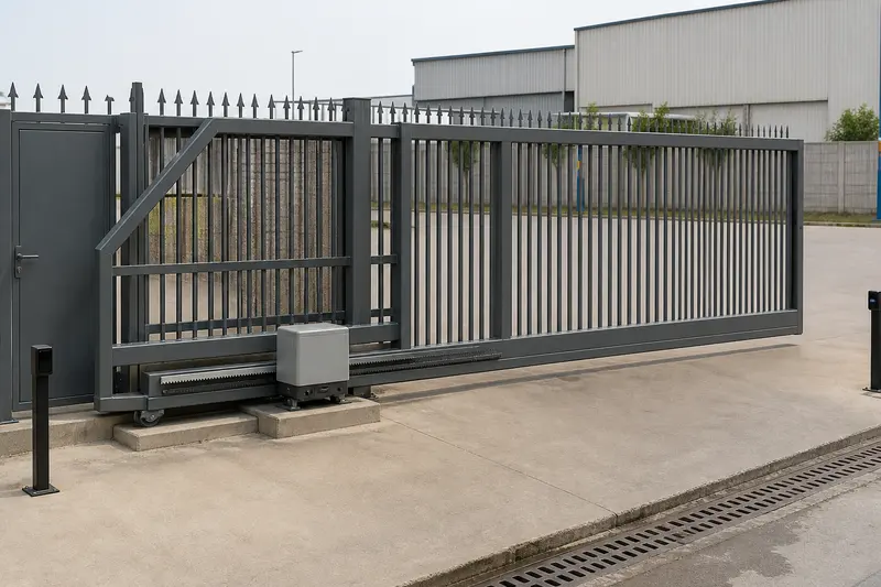 Trackless industrial cantilever gate with counterbalance tail and motor rack.