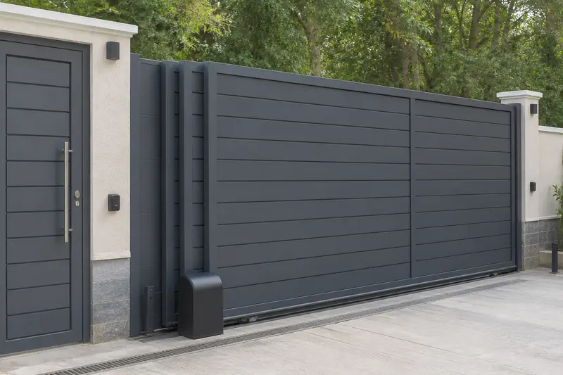 Telescopic three-leaf gate with separated pedestrian access.