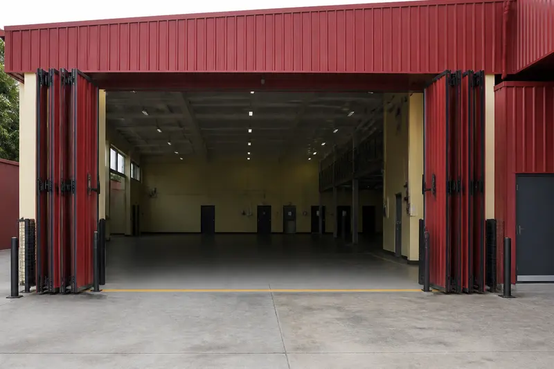 Industrial bi-fold bay with safety sensors and personnel door.
