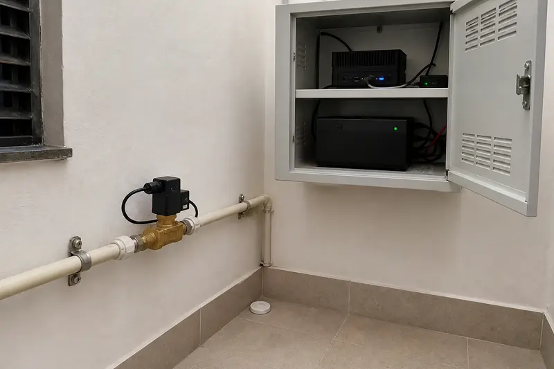 Leak sensor and motorized shutoff valve protect a utility room while compute stays elevated and separate.