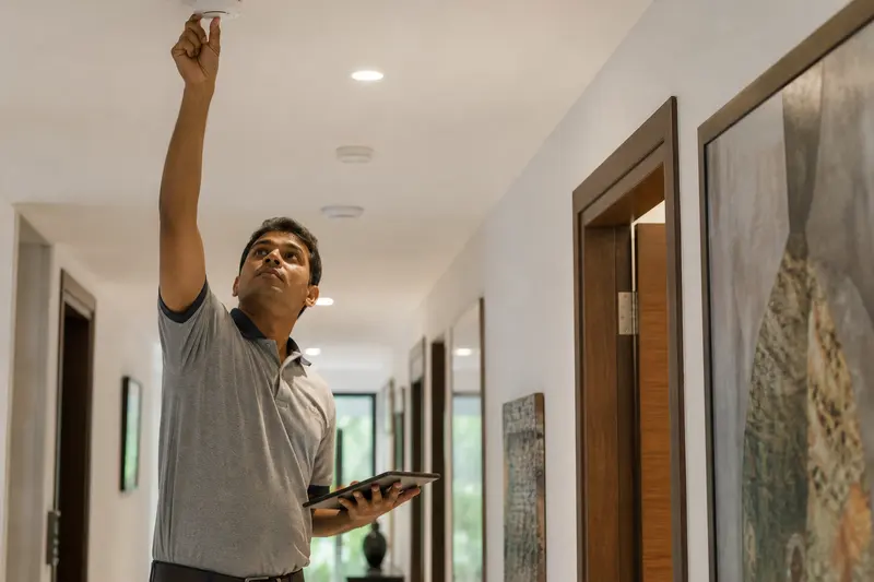 Indian technician commissioning a ceiling-mounted presence sensor in a home corridor