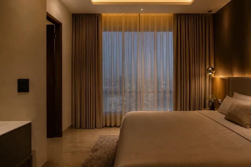 Automated bedroom lighting and curtains set for an evening scene