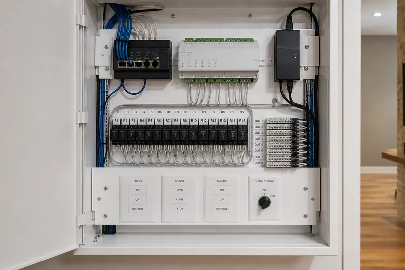 Serviceable home automation cabinet with controller, relays, network and manual overrides
