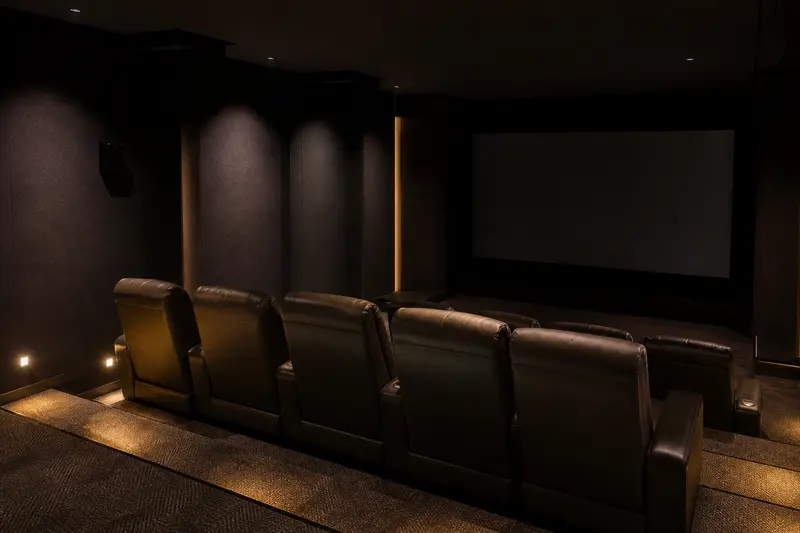 Low-level step and aisle lights create a safe glare-free path through a private cinema.