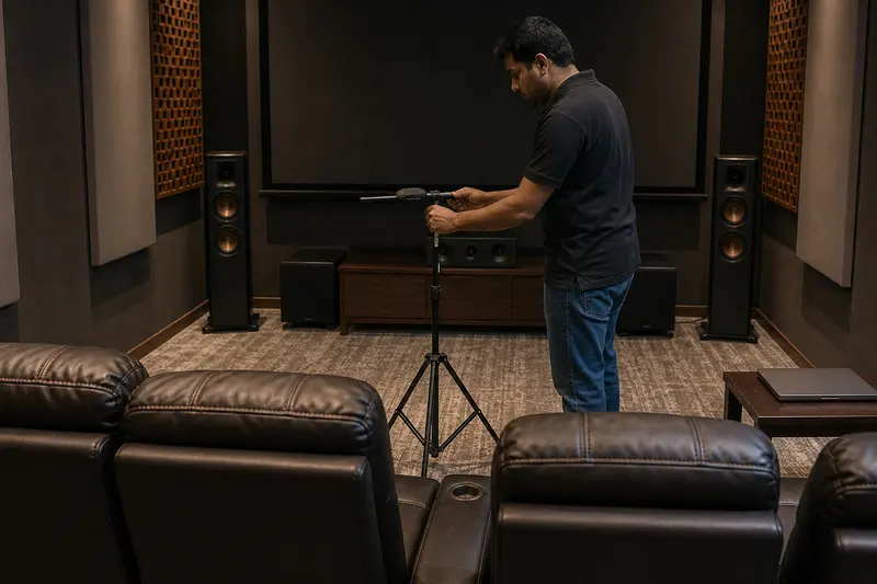 Audio engineer positions a measurement microphone at seated ear height.