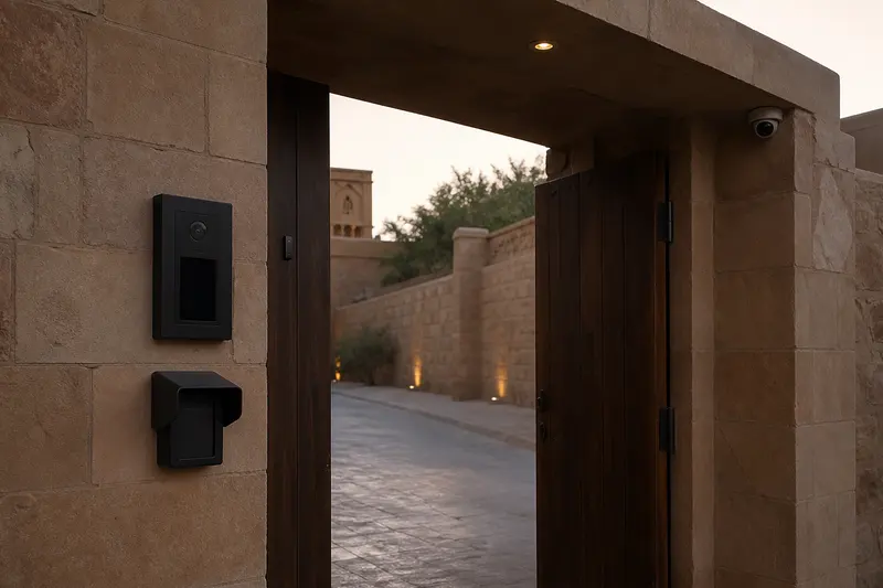 Sandstone resort service gate with reader, intercom and CCTV.