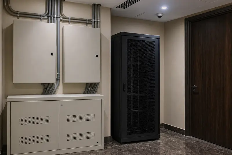 Closed access-control enclosures, network rack and concealed backup power.