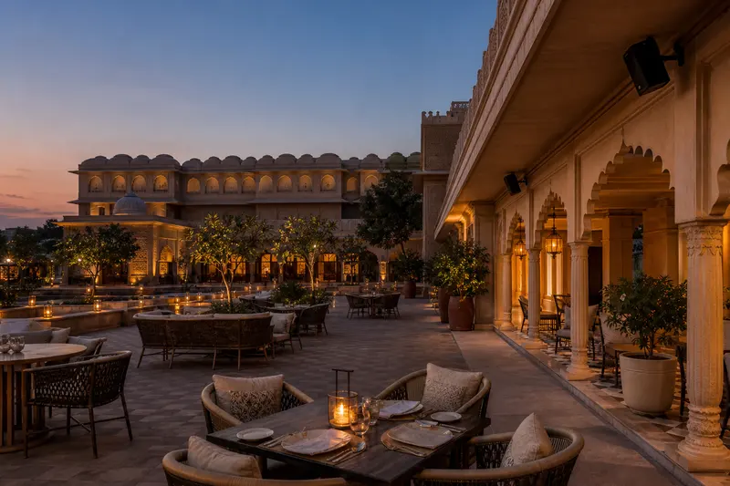 Resort dining courtyard with discreet under-eave background-music speakers.