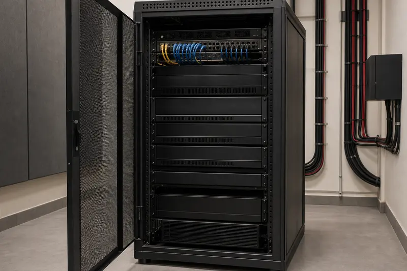 Back-of-house multi-zone audio rack with separated data and speaker cabling.