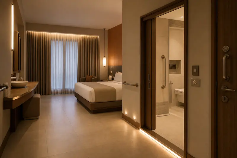 Accessible guest room with low controls and illuminated bathroom pathway.