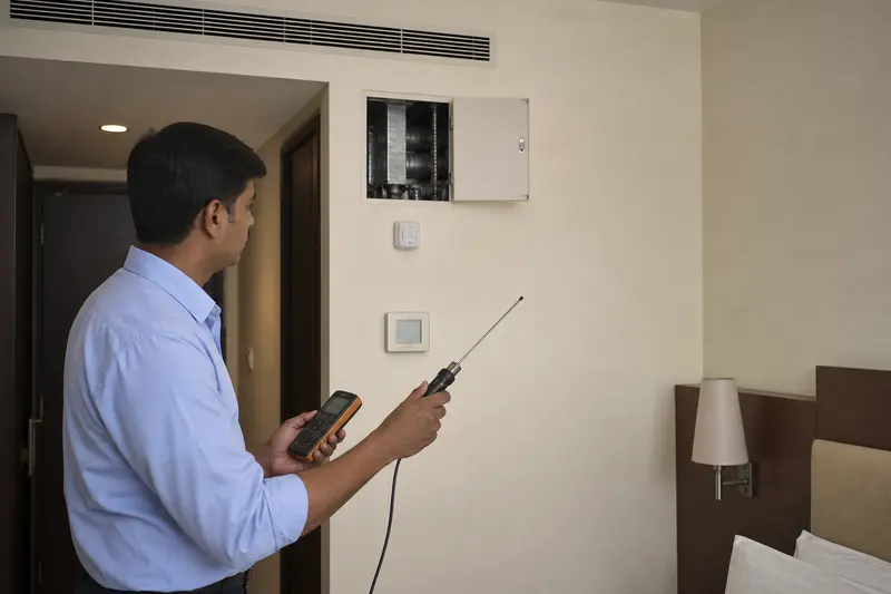 Engineer measures room conditions beside hotel fan-coil controls and a blank thermostat.