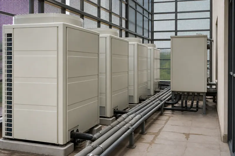 VRF outdoor units connect to a central integration interface in a service yard.