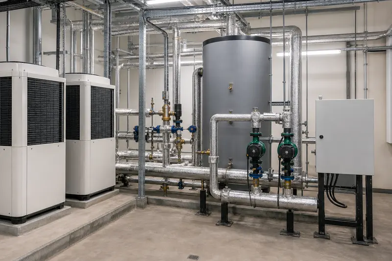 Heat-pump plant combines pumps, buffer vessel and sequenced controls.