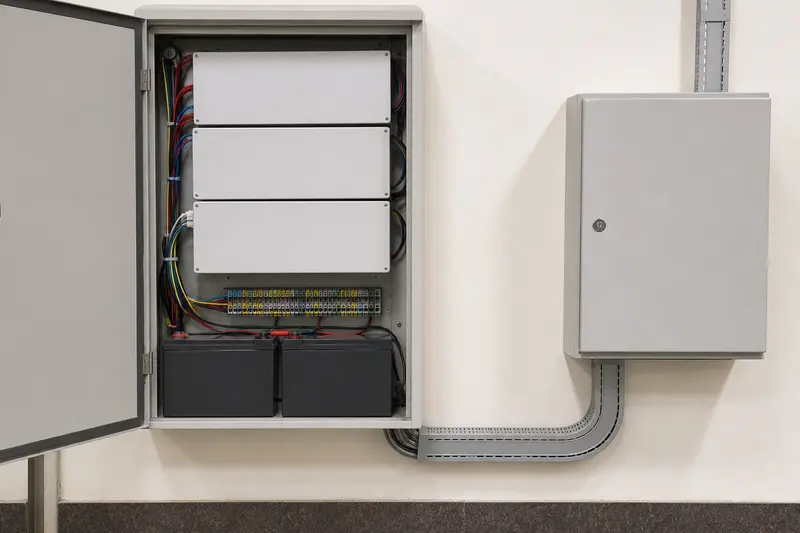 Blank-covered low-voltage access cabinet beside closed elevator interface enclosure.