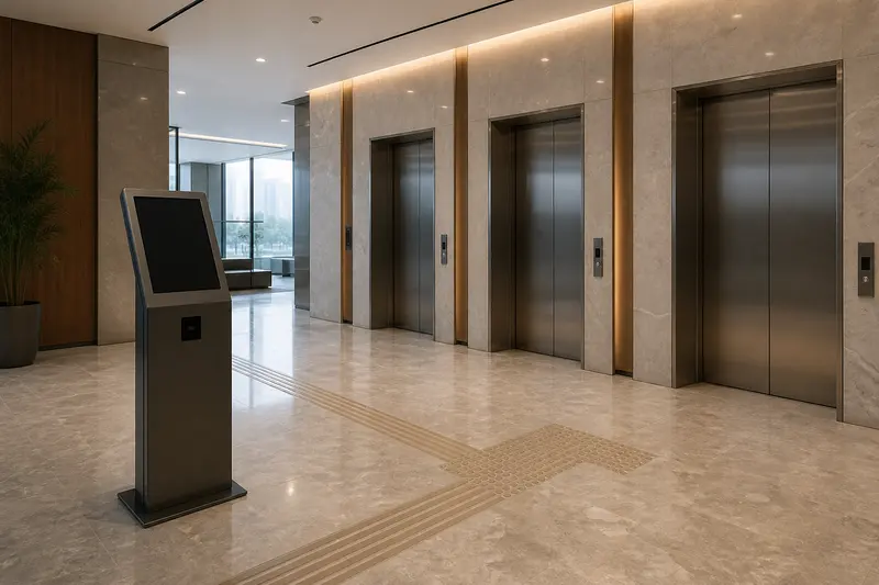 Destination-dispatch kiosk before a three-lift bank.