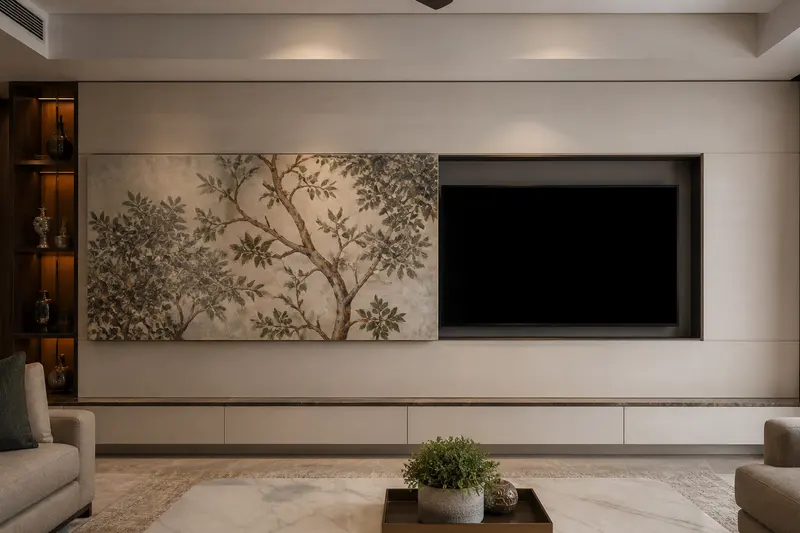 Motorized artwork panel slides aside to reveal a concealed television.