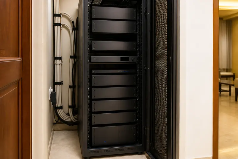 Blank multi-zone audio rack separates bundled speaker cabling from equipment fronts.