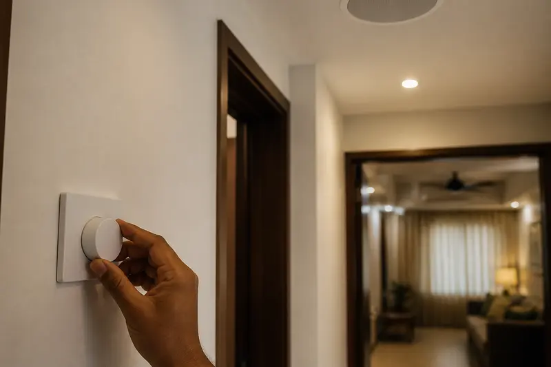 Hand adjusts a blank tactile room-volume control beneath a flush ceiling speaker.