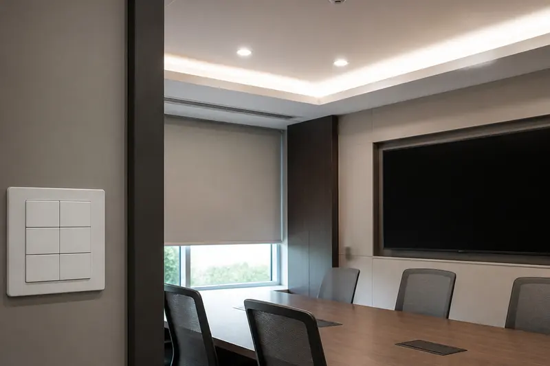 Boardroom scene links a blank scene keypad to lighting, shading and display control.