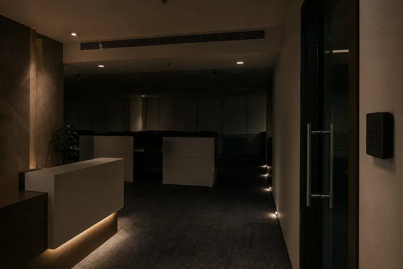 Empty office after last-person-out shutdown retains only safe-path lighting.