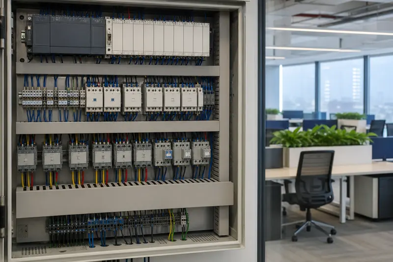 Office back-of-house automation cabinet integrates lighting, shading and room-control circuits.
