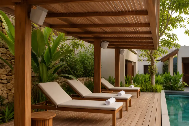 Pergola-mounted pool-deck marine audio.