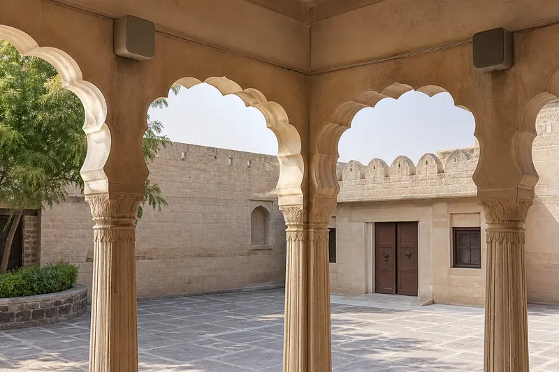Heritage-sensitive courtyard audio below opposing arches.
