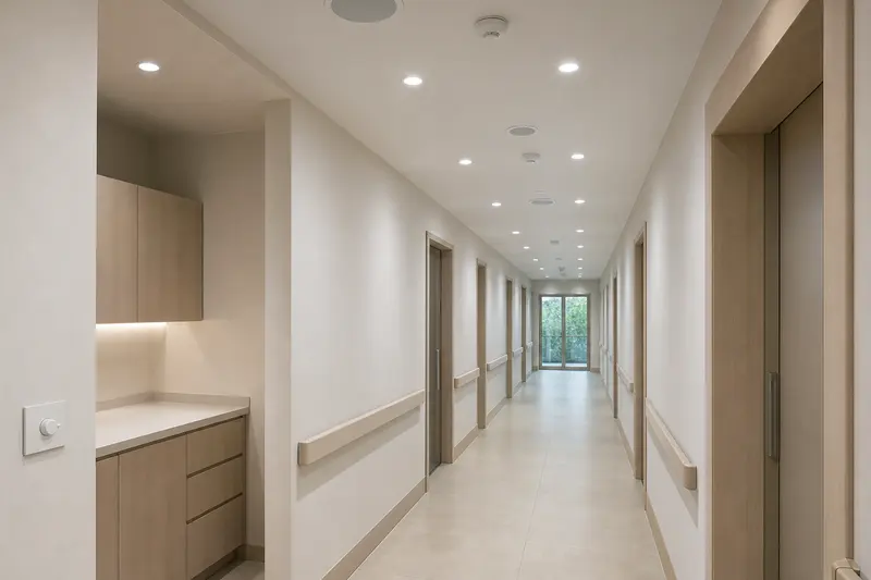 Clinic corridor paging with staff volume control.
