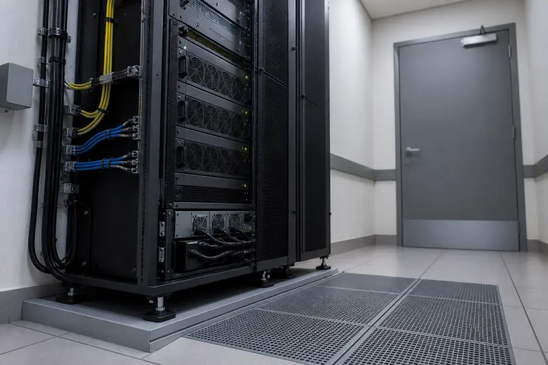 Private hospital AI inference rack with airflow and protected cabling.