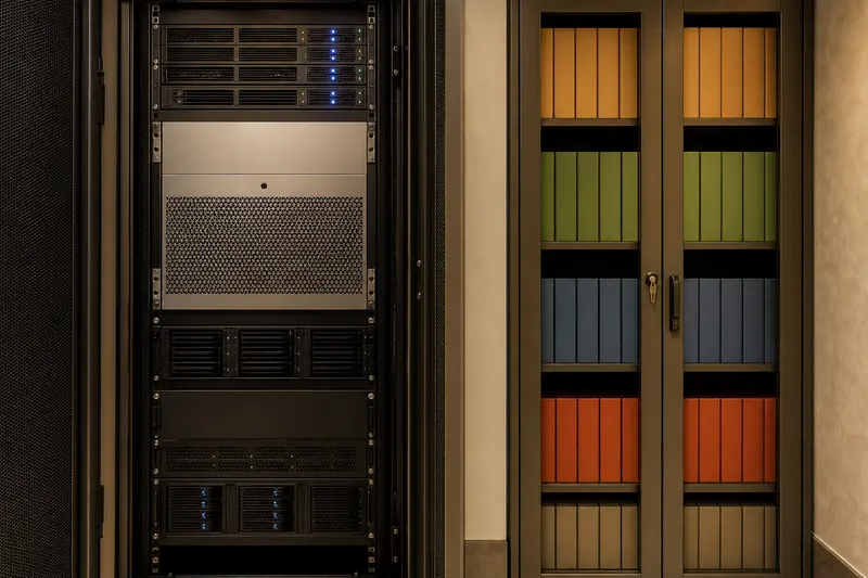 On-premises hotel AI rack beside controlled color-coded archives.