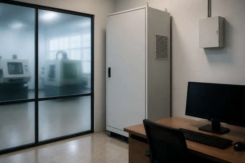 Dust-protected manufacturing ERP cabinet.