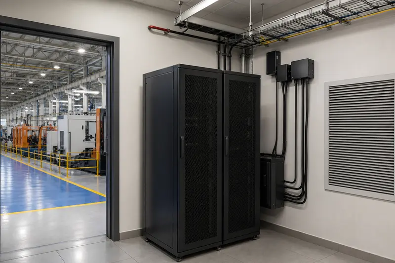 Factory edge-server room with redundant power and production floor context.