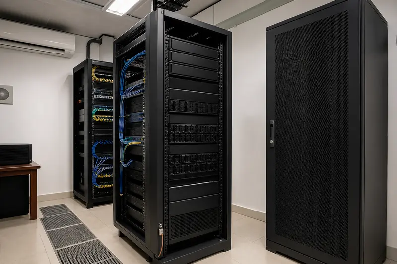 Hotel back-office server room with NAS and service clearance.