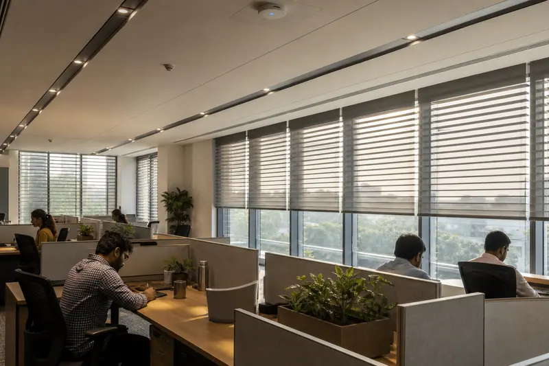 Venetian blinds balance glare control, exterior view and daylight in an occupied office.