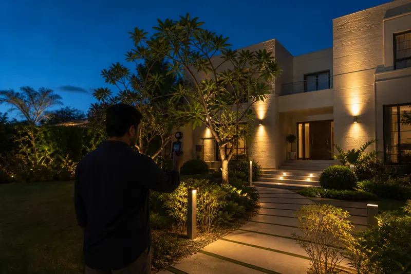 Lighting designer evaluates low-glare exterior and landscape illumination at dusk.