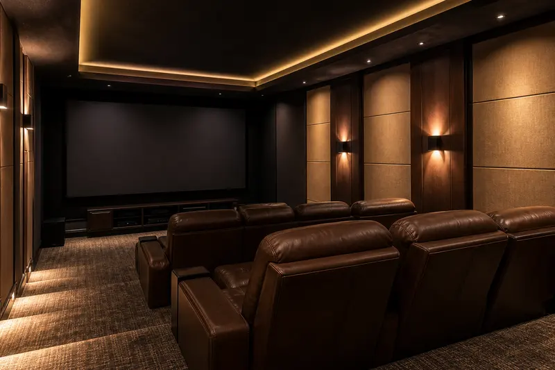 Home theatre uses layered cove, aisle and wall-wash lighting for controlled ambience.