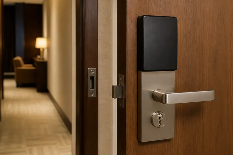 Featureless hotel card lock with one latch, aligned strike and key cylinder.