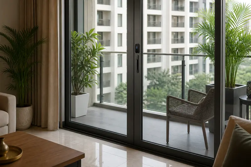 Sliding balcony door with integrated multipoint smart lock.