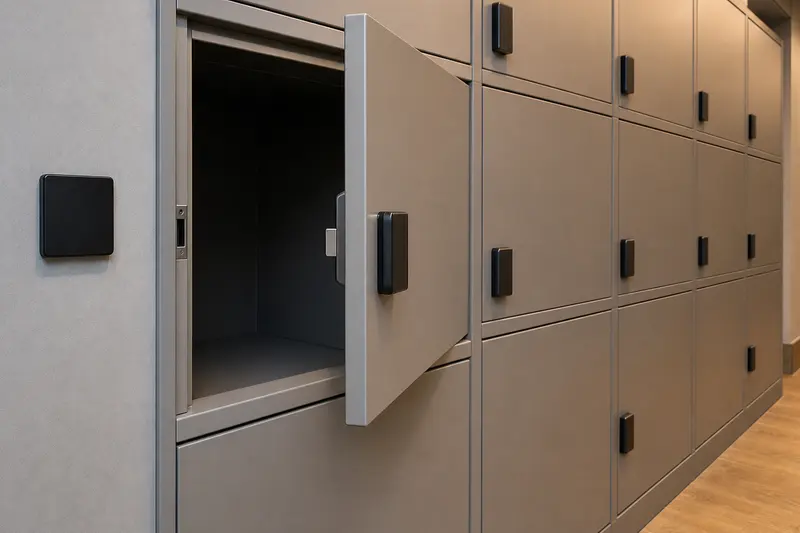 Electronic personal-storage compartments with visible lock engagement.