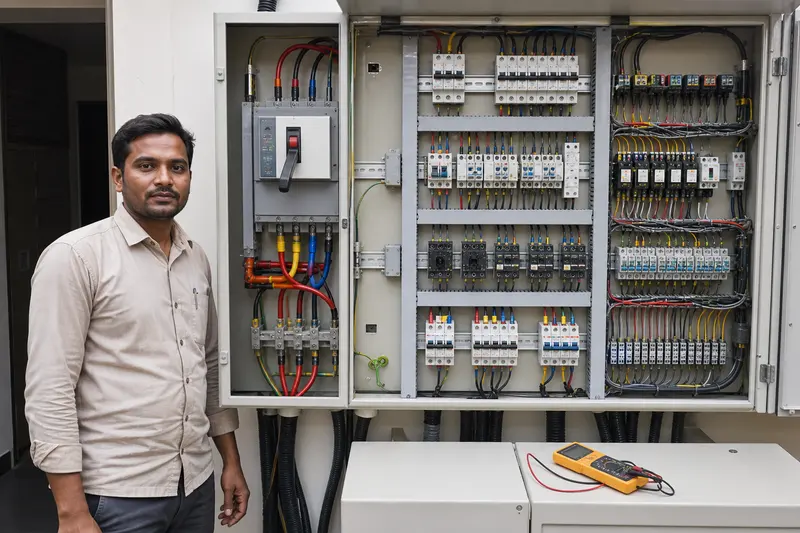 Large central switching panel shows protected power distribution and relay banks.