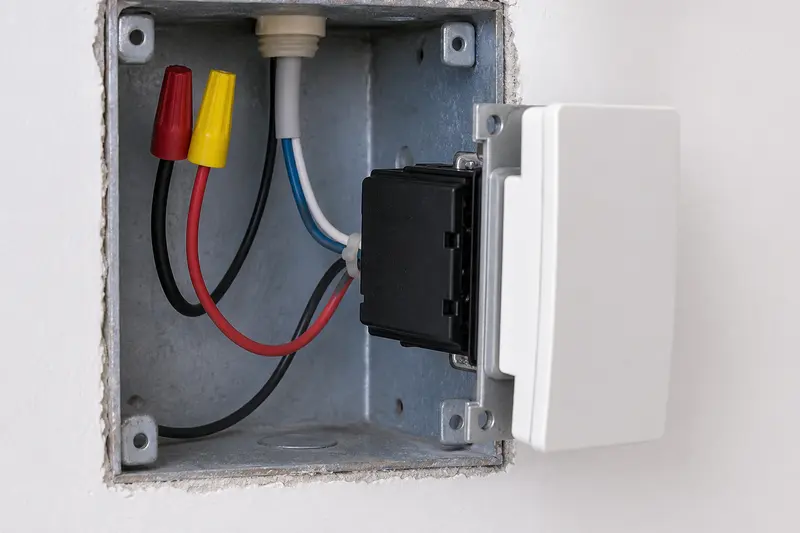 De-energized deep wall box shows a compact relay fitted behind a manual switch.