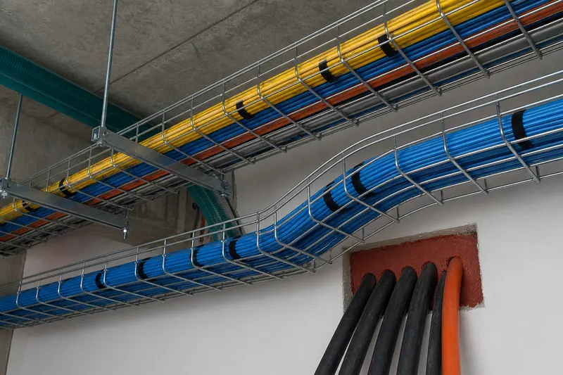 Supported data cable trays coordinated through a commercial ceiling void.