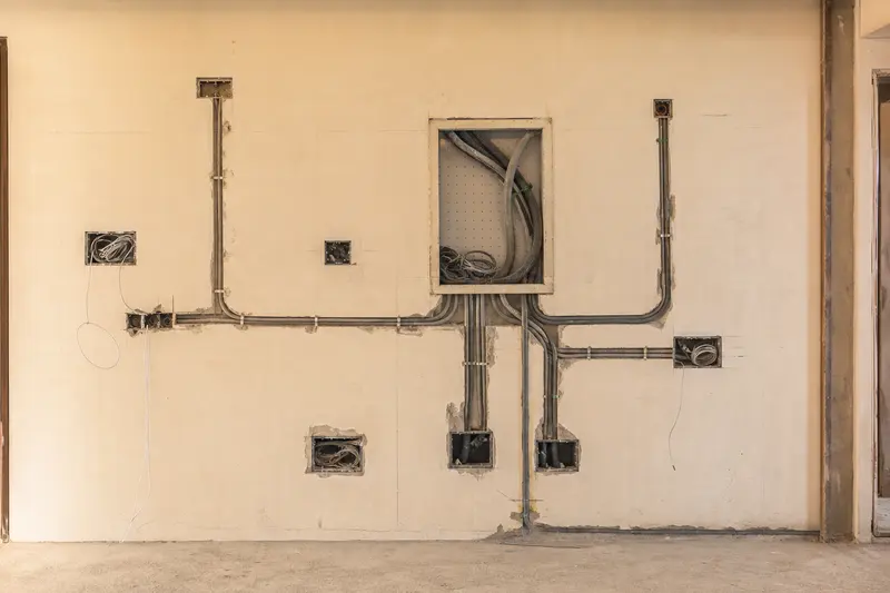 Pre-wire stage media wall with conduit and draw wires.