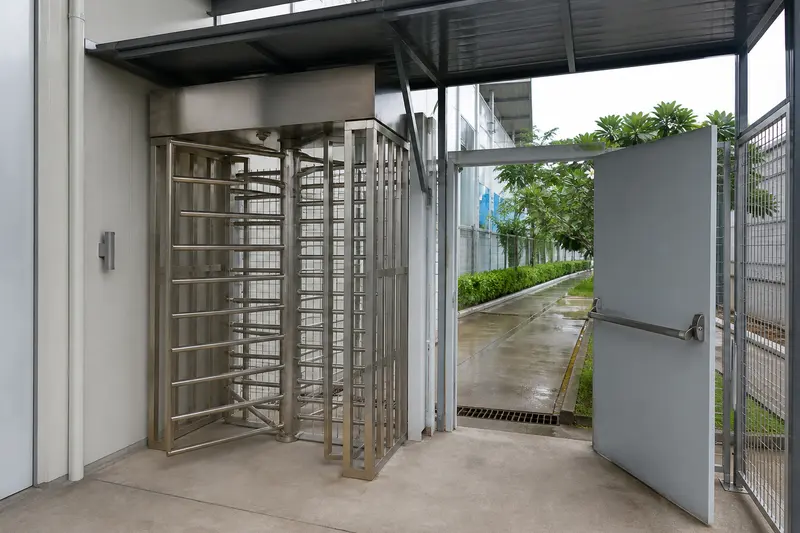Industrial full-height rotor beside a separate outward emergency exit.
