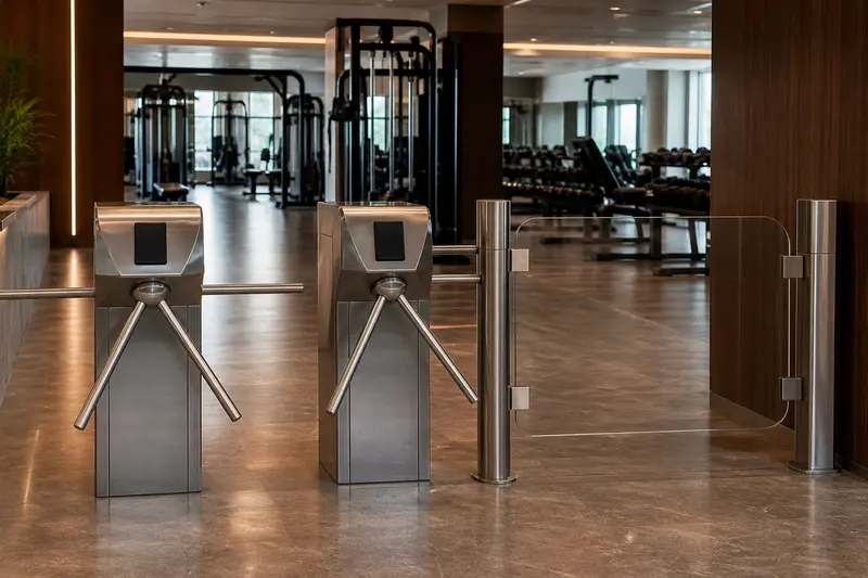 Empty fitness-club tripod turnstiles with accessible gate.