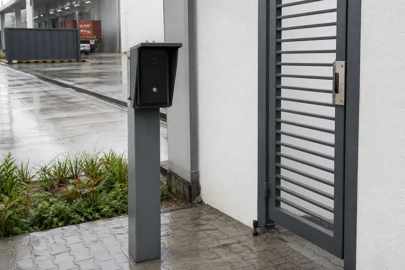 Weather-protected warehouse-gate intercom on safe pedestal.