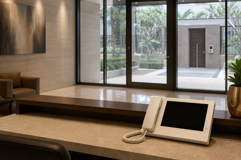 Concierge master station linked conceptually to lobby entrance.